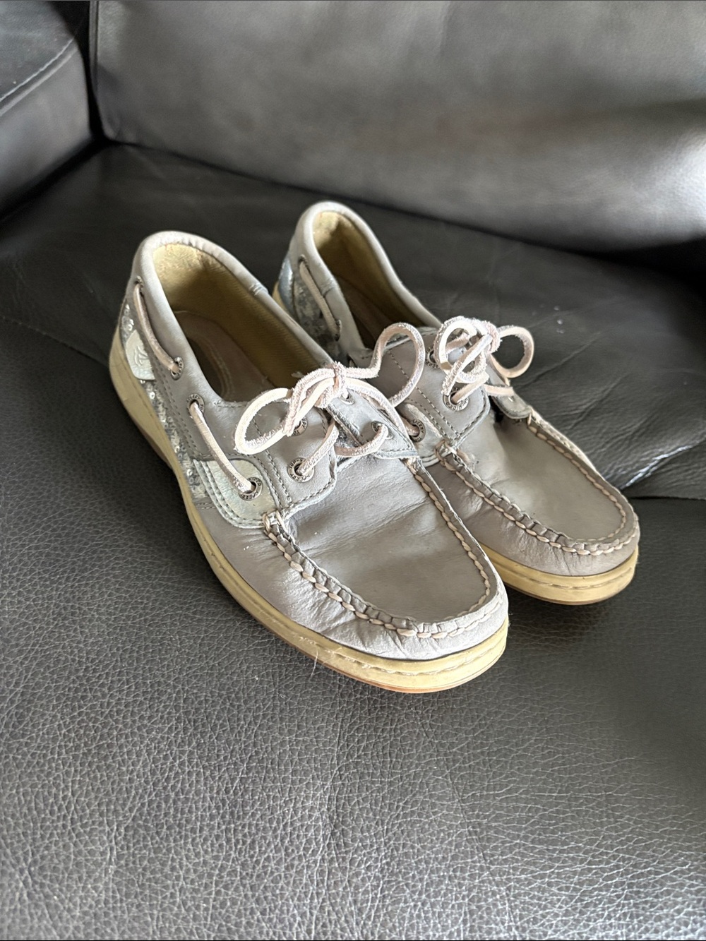 Sperry Light Gray Leather Boat Shoes with Tan Sole